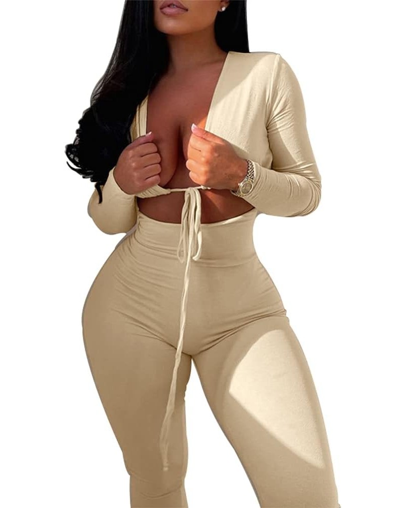 Women's Sexy Cut Out Bodycon Jumpsuit Lace Up Front V Neck One Piece Outfit Long Sleeve Rompers Apricot $17.39 Jumpsuits