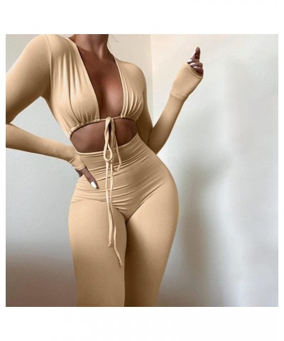 Women's Sexy Cut Out Bodycon Jumpsuit Lace Up Front V Neck One Piece Outfit Long Sleeve Rompers Apricot $17.39 Jumpsuits