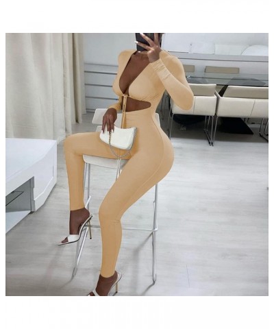 Women's Sexy Cut Out Bodycon Jumpsuit Lace Up Front V Neck One Piece Outfit Long Sleeve Rompers Apricot $17.39 Jumpsuits