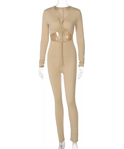 Women's Sexy Cut Out Bodycon Jumpsuit Lace Up Front V Neck One Piece Outfit Long Sleeve Rompers Apricot $17.39 Jumpsuits