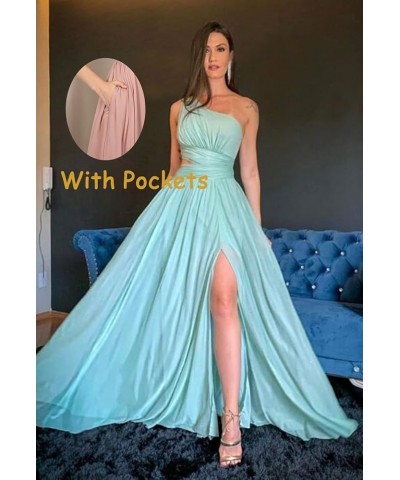 One Shoulder Bridesmaid Dresses for Wedding 2024 Chiffon High Slit Long Formal Prom Dress with Pockets Royal Blue $29.69 Dresses