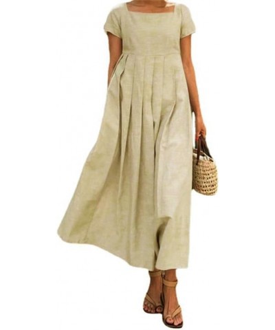 Women's Flowy Comfy Square Neck Cotton Linen Dress Summer Beach Casual Loose Empire Wasit Long Dress with Pockets Beige $15.1...