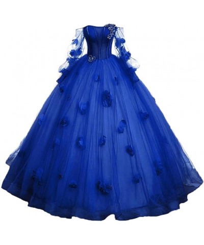 Puffy Sleeves Prom Dresses Long Ball Gowns 3D Flower Formal Princess Evening Party Dresses for Woman Royal Blue $40.40 Dresses