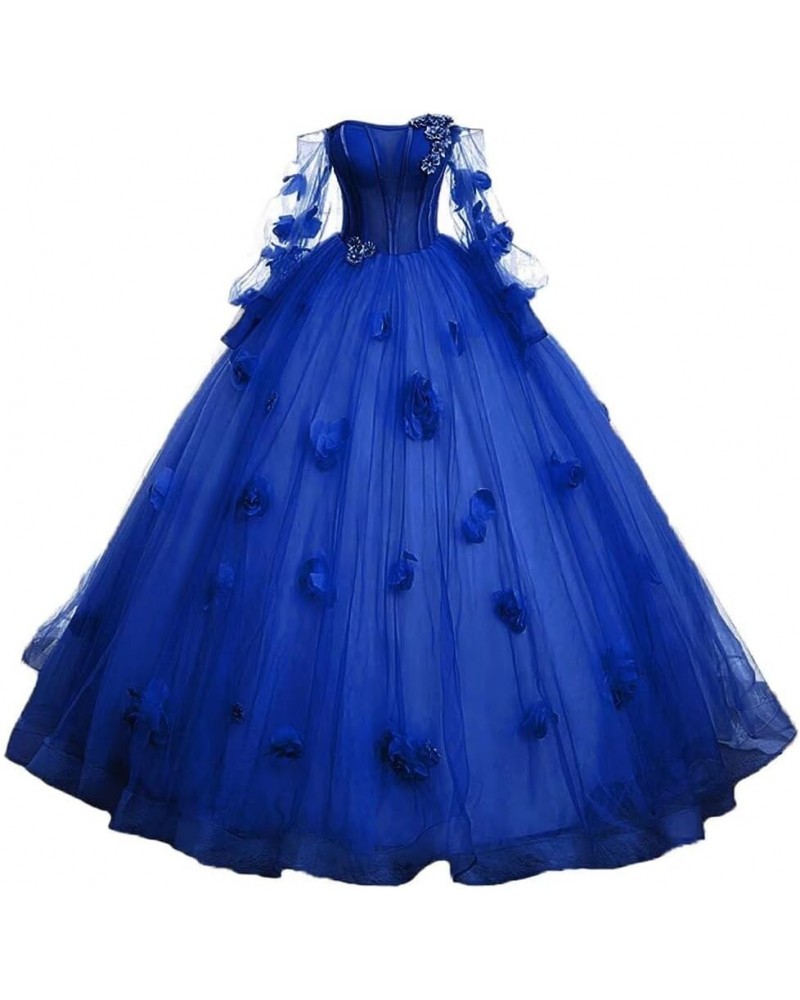 Puffy Sleeves Prom Dresses Long Ball Gowns 3D Flower Formal Princess Evening Party Dresses for Woman Royal Blue $40.40 Dresses