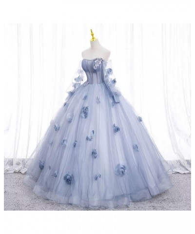 Puffy Sleeves Prom Dresses Long Ball Gowns 3D Flower Formal Princess Evening Party Dresses for Woman Royal Blue $40.40 Dresses