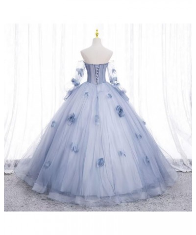 Puffy Sleeves Prom Dresses Long Ball Gowns 3D Flower Formal Princess Evening Party Dresses for Woman Royal Blue $40.40 Dresses