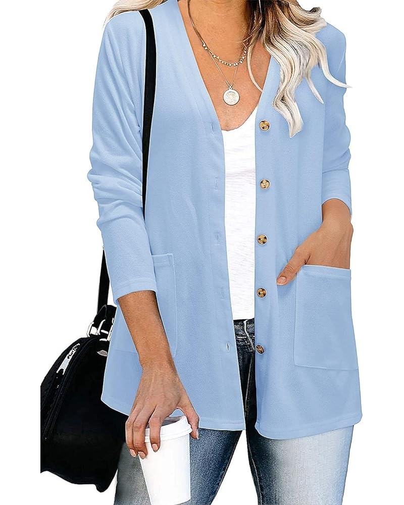 Women's Cardigan Sweaters Lightweight Long Sleeve Open Front Knitted Button Down Cardigans Tops with Pockets Light Sky Blue $...