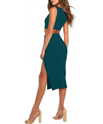 Women's 2 Piece Crew Neck Sleeveless Ribbed Tank Top Bodycon Slit Midi Skirt Outfit Dress Set Peacock Blue $14.70 Dresses