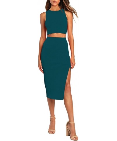 Women's 2 Piece Crew Neck Sleeveless Ribbed Tank Top Bodycon Slit Midi Skirt Outfit Dress Set Peacock Blue $14.70 Dresses