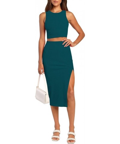 Women's 2 Piece Crew Neck Sleeveless Ribbed Tank Top Bodycon Slit Midi Skirt Outfit Dress Set Peacock Blue $14.70 Dresses