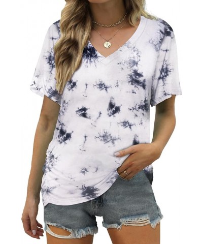 Women's Short Sleeve V Neck Pleated T Shirts Summer Loose Fit Basic Tunic with Side Shirring Casual Top Tees B-tie Dye White ...