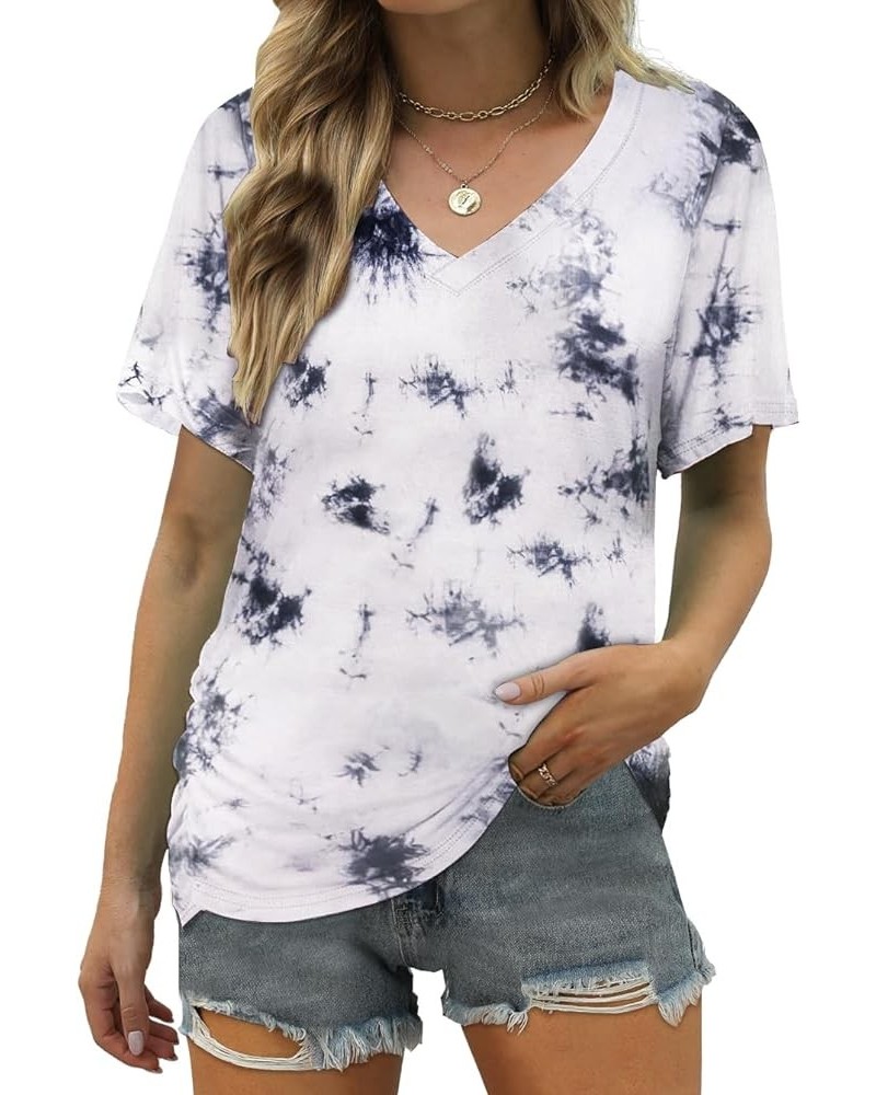 Women's Short Sleeve V Neck Pleated T Shirts Summer Loose Fit Basic Tunic with Side Shirring Casual Top Tees B-tie Dye White ...