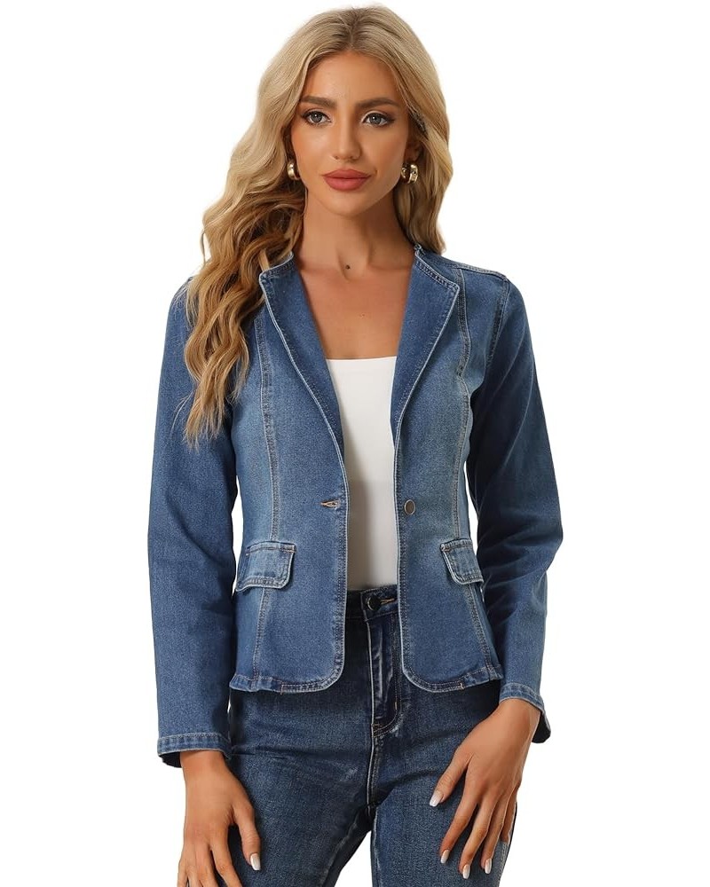 Women's Stretchy Jean Jacket Lapel Collar One Button Long Sleeve Work Casual Light Weight Denim Jackets Blue $23.45 Jackets