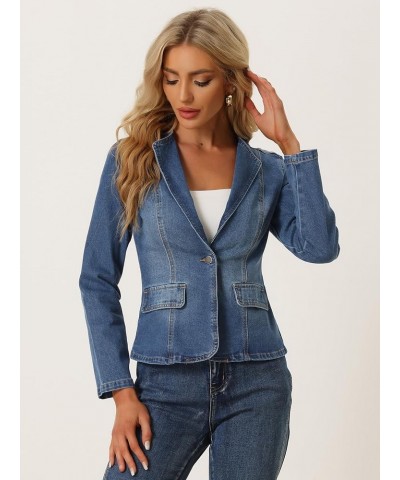 Women's Stretchy Jean Jacket Lapel Collar One Button Long Sleeve Work Casual Light Weight Denim Jackets Blue $23.45 Jackets