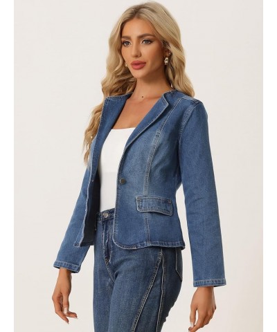 Women's Stretchy Jean Jacket Lapel Collar One Button Long Sleeve Work Casual Light Weight Denim Jackets Blue $23.45 Jackets