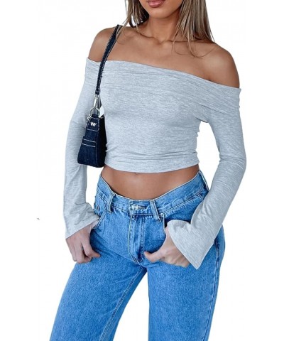 Womens Sexy Long Sleeve Off Shoulder Basic Fitted Crop Tops Y2k 2023 Fashion Backless Going Out Tight T-Shirt Lapel Collar Gr...