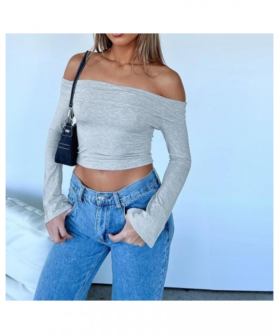 Womens Sexy Long Sleeve Off Shoulder Basic Fitted Crop Tops Y2k 2023 Fashion Backless Going Out Tight T-Shirt Lapel Collar Gr...