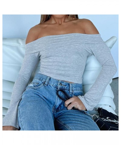 Womens Sexy Long Sleeve Off Shoulder Basic Fitted Crop Tops Y2k 2023 Fashion Backless Going Out Tight T-Shirt Lapel Collar Gr...