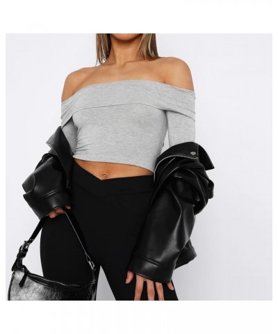 Womens Sexy Long Sleeve Off Shoulder Basic Fitted Crop Tops Y2k 2023 Fashion Backless Going Out Tight T-Shirt Lapel Collar Gr...