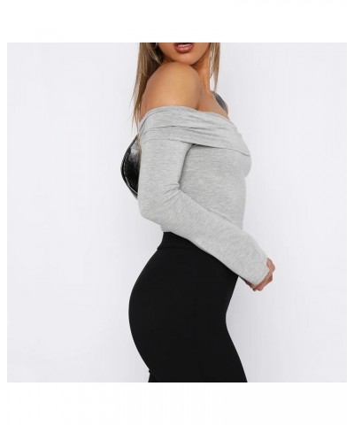 Womens Sexy Long Sleeve Off Shoulder Basic Fitted Crop Tops Y2k 2023 Fashion Backless Going Out Tight T-Shirt Lapel Collar Gr...