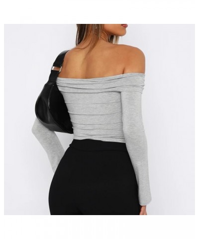 Womens Sexy Long Sleeve Off Shoulder Basic Fitted Crop Tops Y2k 2023 Fashion Backless Going Out Tight T-Shirt Lapel Collar Gr...