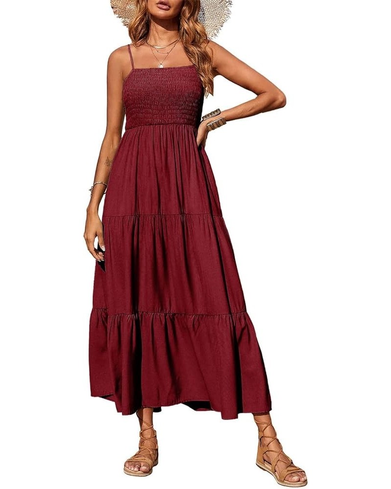 Women's Summer Maxi Dress Casual Boho Sleeveless Spaghetti Strap Smocked Tiered Long Beach Sun Dresses Wine Red $20.40 Dresses