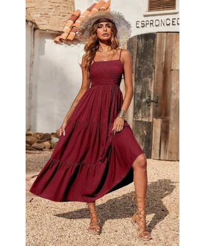 Women's Summer Maxi Dress Casual Boho Sleeveless Spaghetti Strap Smocked Tiered Long Beach Sun Dresses Wine Red $20.40 Dresses