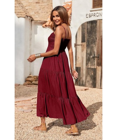 Women's Summer Maxi Dress Casual Boho Sleeveless Spaghetti Strap Smocked Tiered Long Beach Sun Dresses Wine Red $20.40 Dresses