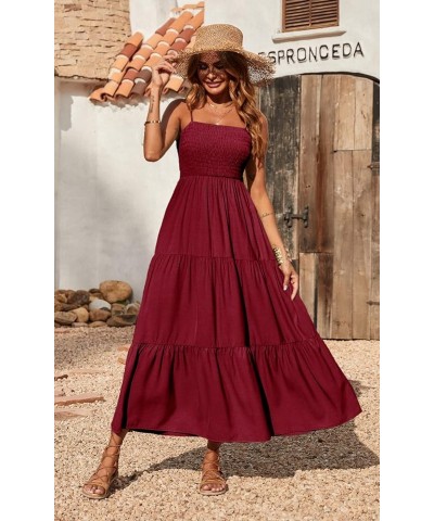 Women's Summer Maxi Dress Casual Boho Sleeveless Spaghetti Strap Smocked Tiered Long Beach Sun Dresses Wine Red $20.40 Dresses