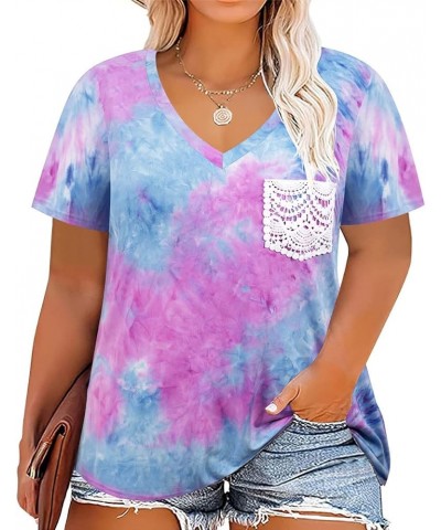 Women Plus Size Tops Short Sleve Shirts Crewneck Tunics Lace Sexy Summer See Through Henley Shirts A9-a-tie Dye $12.32 Tops