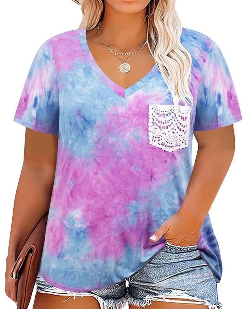 Women Plus Size Tops Short Sleve Shirts Crewneck Tunics Lace Sexy Summer See Through Henley Shirts A9-a-tie Dye $12.32 Tops