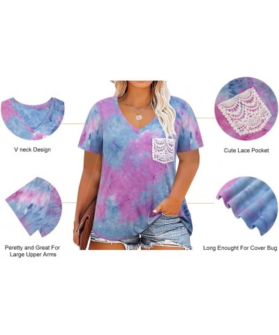 Women Plus Size Tops Short Sleve Shirts Crewneck Tunics Lace Sexy Summer See Through Henley Shirts A9-a-tie Dye $12.32 Tops