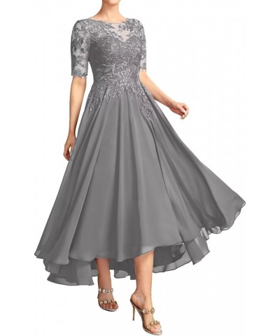 Mother of The Bride Dresses for Wedding Tea Length Lace Applique Chiffon Formal Evening Gowns with Sleeves Grey $38.47 Dresses