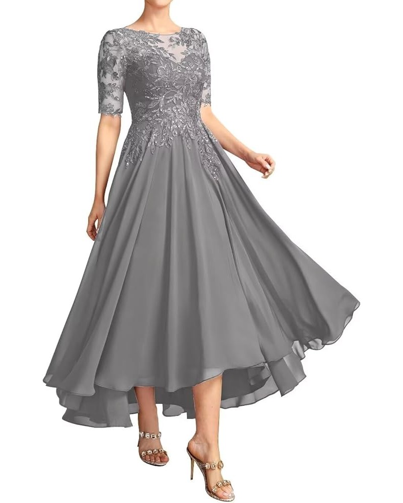 Mother of The Bride Dresses for Wedding Tea Length Lace Applique Chiffon Formal Evening Gowns with Sleeves Grey $38.47 Dresses