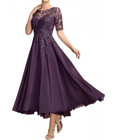 Mother of The Bride Dresses for Wedding Tea Length Lace Applique Chiffon Formal Evening Gowns with Sleeves Grey $38.47 Dresses