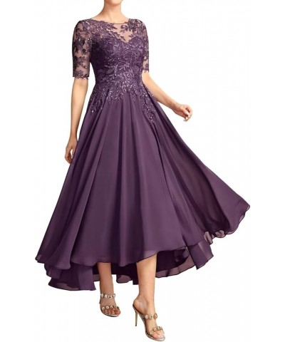 Mother of The Bride Dresses for Wedding Tea Length Lace Applique Chiffon Formal Evening Gowns with Sleeves Grey $38.47 Dresses