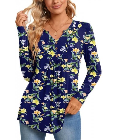 Womens Long Sleeve Tunic Tops Henley Shirt V-neck Button Down Blouse Casual Pleated Basic Pullover Long Lily Navy $13.49 Tops