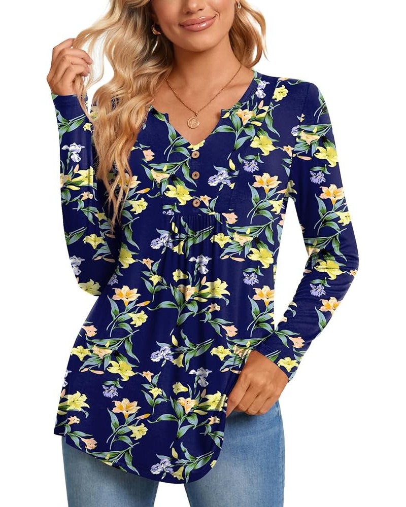 Womens Long Sleeve Tunic Tops Henley Shirt V-neck Button Down Blouse Casual Pleated Basic Pullover Long Lily Navy $13.49 Tops