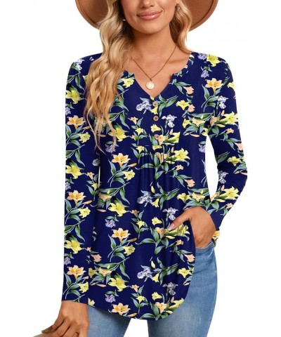 Womens Long Sleeve Tunic Tops Henley Shirt V-neck Button Down Blouse Casual Pleated Basic Pullover Long Lily Navy $13.49 Tops