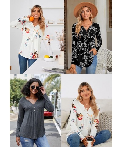 Womens Long Sleeve Tunic Tops Henley Shirt V-neck Button Down Blouse Casual Pleated Basic Pullover Long Lily Navy $13.49 Tops