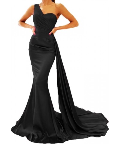 One Shoulder Prom Dresses for Women Long Mermaid Satin Bridesmaid Dresses Formal Evening Gowns with Train Black $27.29 Dresses