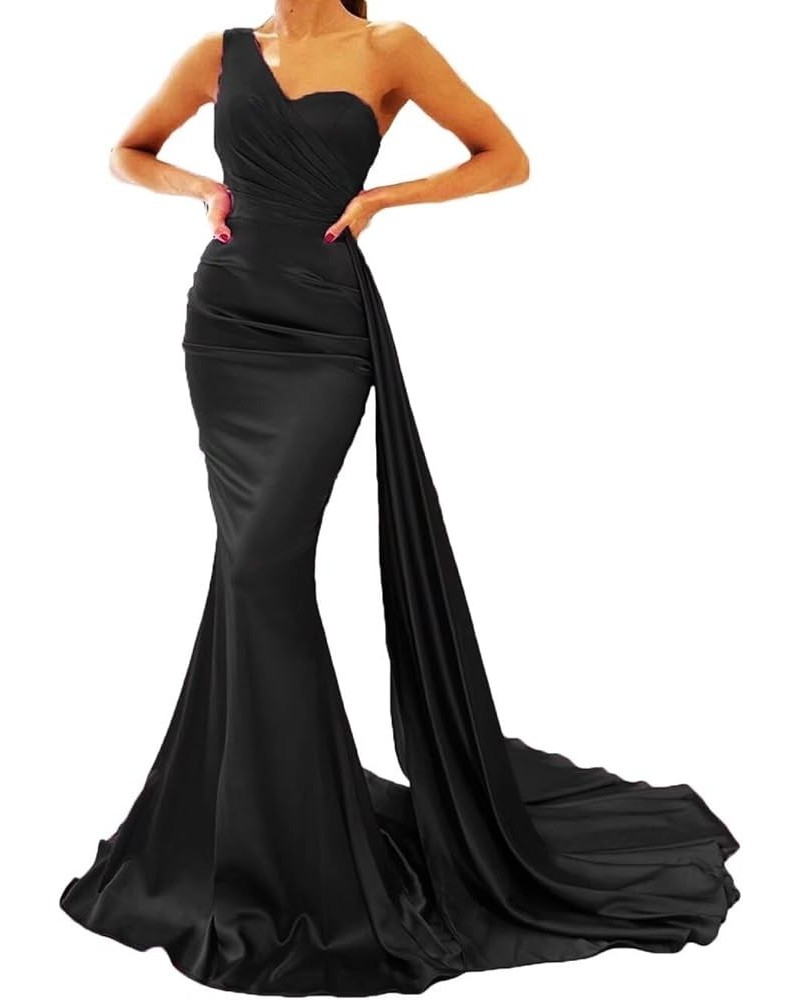 One Shoulder Prom Dresses for Women Long Mermaid Satin Bridesmaid Dresses Formal Evening Gowns with Train Black $27.29 Dresses