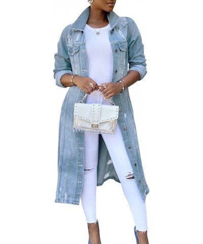Women's Ripped Distressed Destroyed Classic Blue Maxi Denim Jacket Long Jean Trench Coat Outwear Light Blue $26.33 Jackets