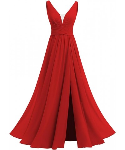 Women's V-Neck Chiffon Bridesmaid Dresses with Slit Long A-line Sleeveless Pleated Formal Party Dresses with Pocket RO110 Red...