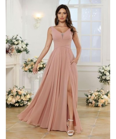 Women's V-Neck Chiffon Bridesmaid Dresses with Slit Long A-line Sleeveless Pleated Formal Party Dresses with Pocket RO110 Red...