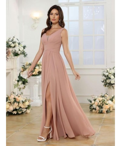 Women's V-Neck Chiffon Bridesmaid Dresses with Slit Long A-line Sleeveless Pleated Formal Party Dresses with Pocket RO110 Red...