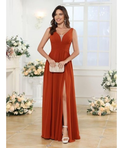 Women's V-Neck Chiffon Bridesmaid Dresses with Slit Long A-line Sleeveless Pleated Formal Party Dresses with Pocket RO110 Red...