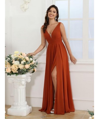 Women's V-Neck Chiffon Bridesmaid Dresses with Slit Long A-line Sleeveless Pleated Formal Party Dresses with Pocket RO110 Red...