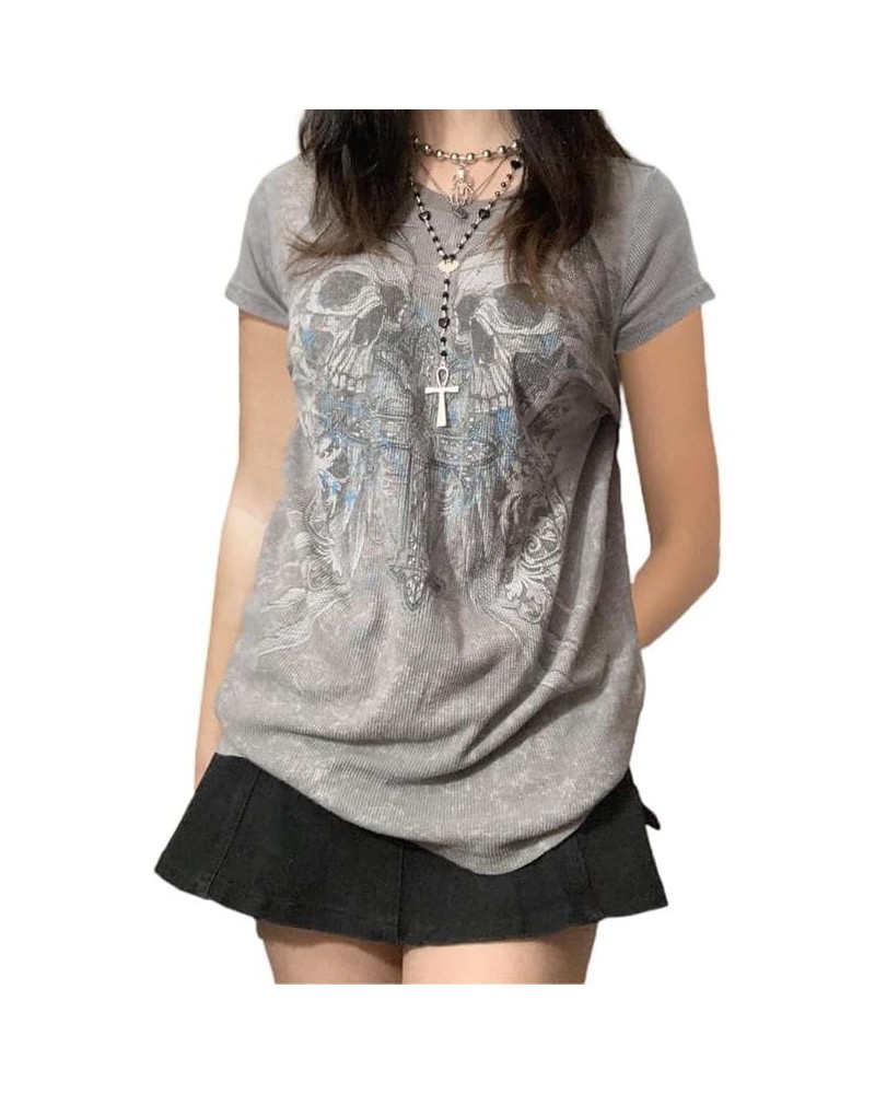 Women Y2k Fairy Grunge T Shirt Vintage Gothic Graphic Short Sleeve Top Oversized Crew Neck Print Blouse Streetwear B6-grey $1...