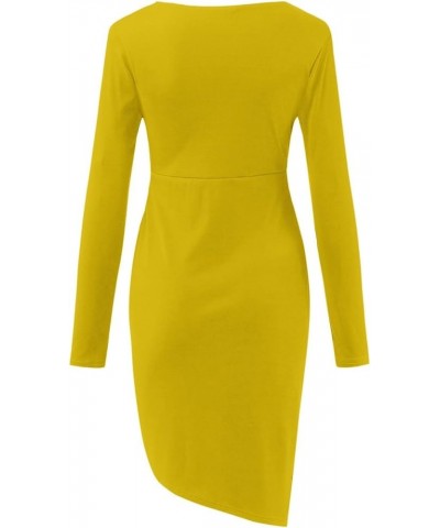 Womens Wrap V Neck Long Sleeve Split Sexy Dress Elegant Ruched Cocktail Party Midi Banquet Dress A-yellow $14.49 Dresses